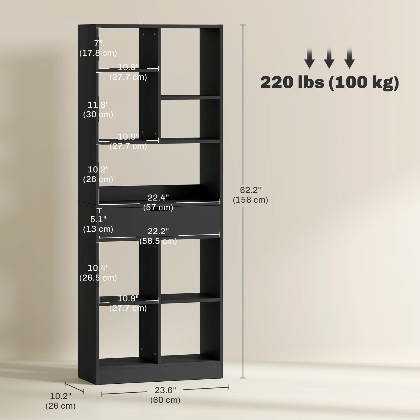 Tall Bookshelf with Drawer, Freestanding Bookcase for Bedroom, Living Room, Home Office, Black