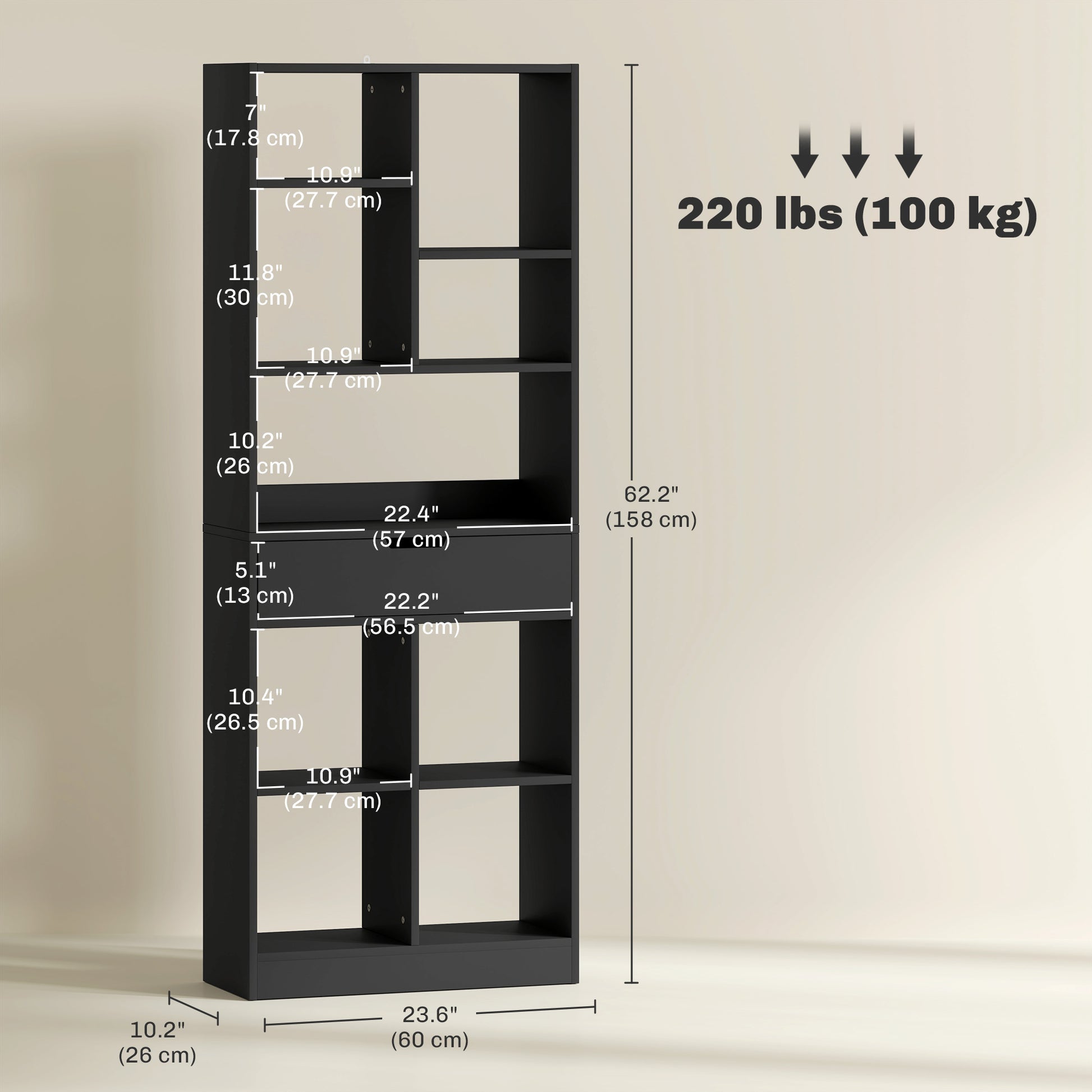 Tall Bookshelf with Drawer, Freestanding Bookcase for Bedroom, Living Room, Home Office, Black