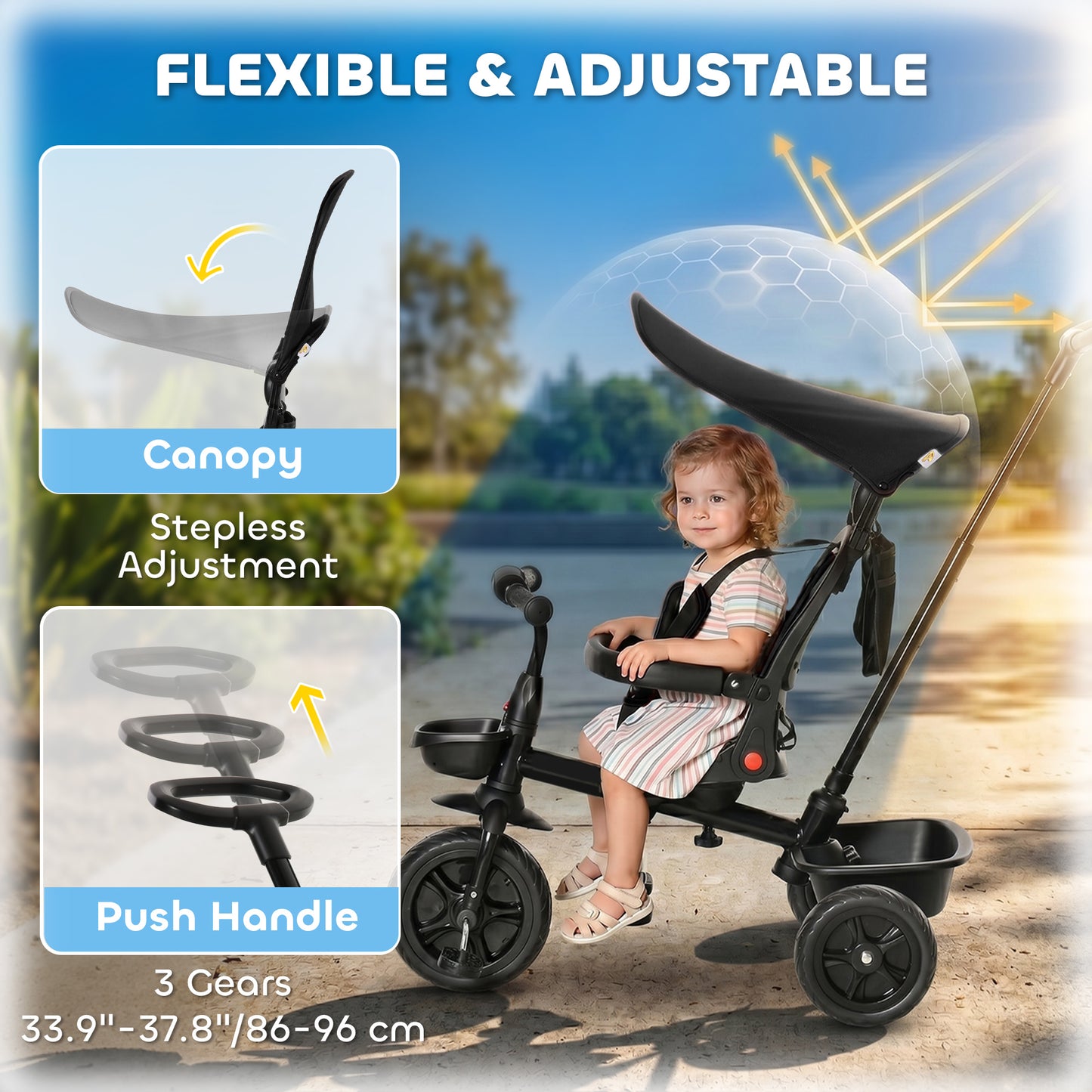 Qaba Tricycle for Toddler 4 in 1 Kids Trike, Converts Stroller to Toddler Bike, Adjustable Backrest & Flat Canopy, Detachable Guardrail & Handle for 1-5 Years Old, Black