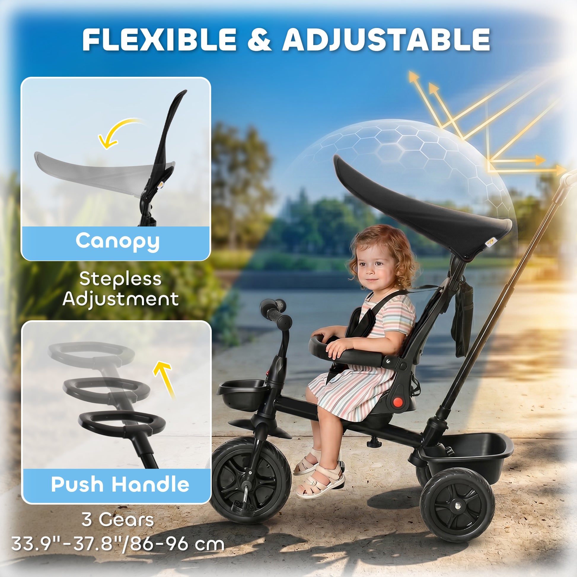 Qaba Tricycle for Toddler 4 in 1 Kids Trike, Converts Stroller to Toddler Bike, Adjustable Backrest & Flat Canopy, Detachable Guardrail & Handle for 1-5 Years Old, Black