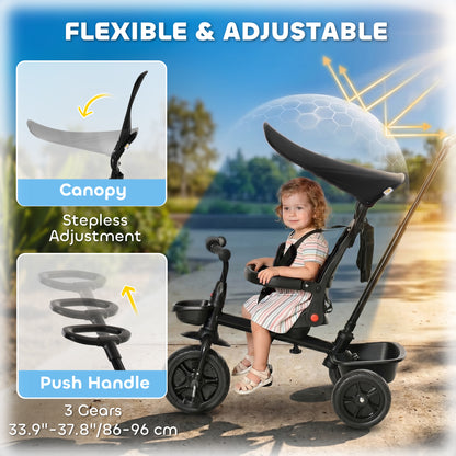 Qaba Tricycle for Toddler 4 in 1 Kids Trike, Converts Stroller to Toddler Bike, Adjustable Backrest & Flat Canopy, Detachable Guardrail & Handle for 1-5 Years Old, Black