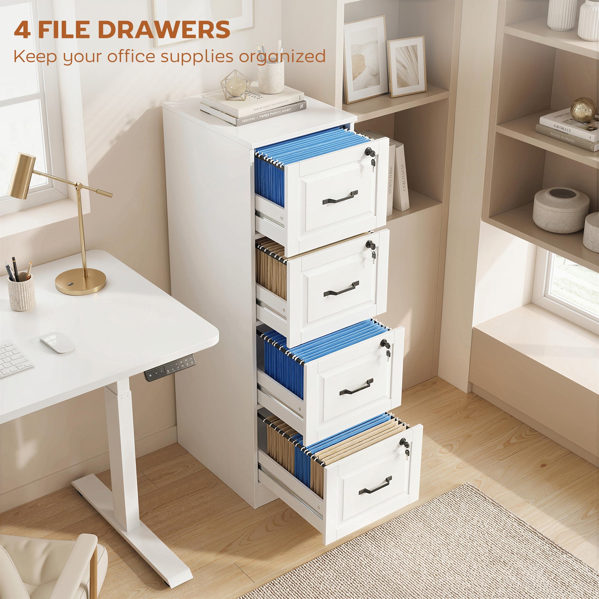 4 Drawer File Cabinet with Lock, Vertical Filing Cabinet with Adjustable Hanging Bars for A4 and Letter Size, White