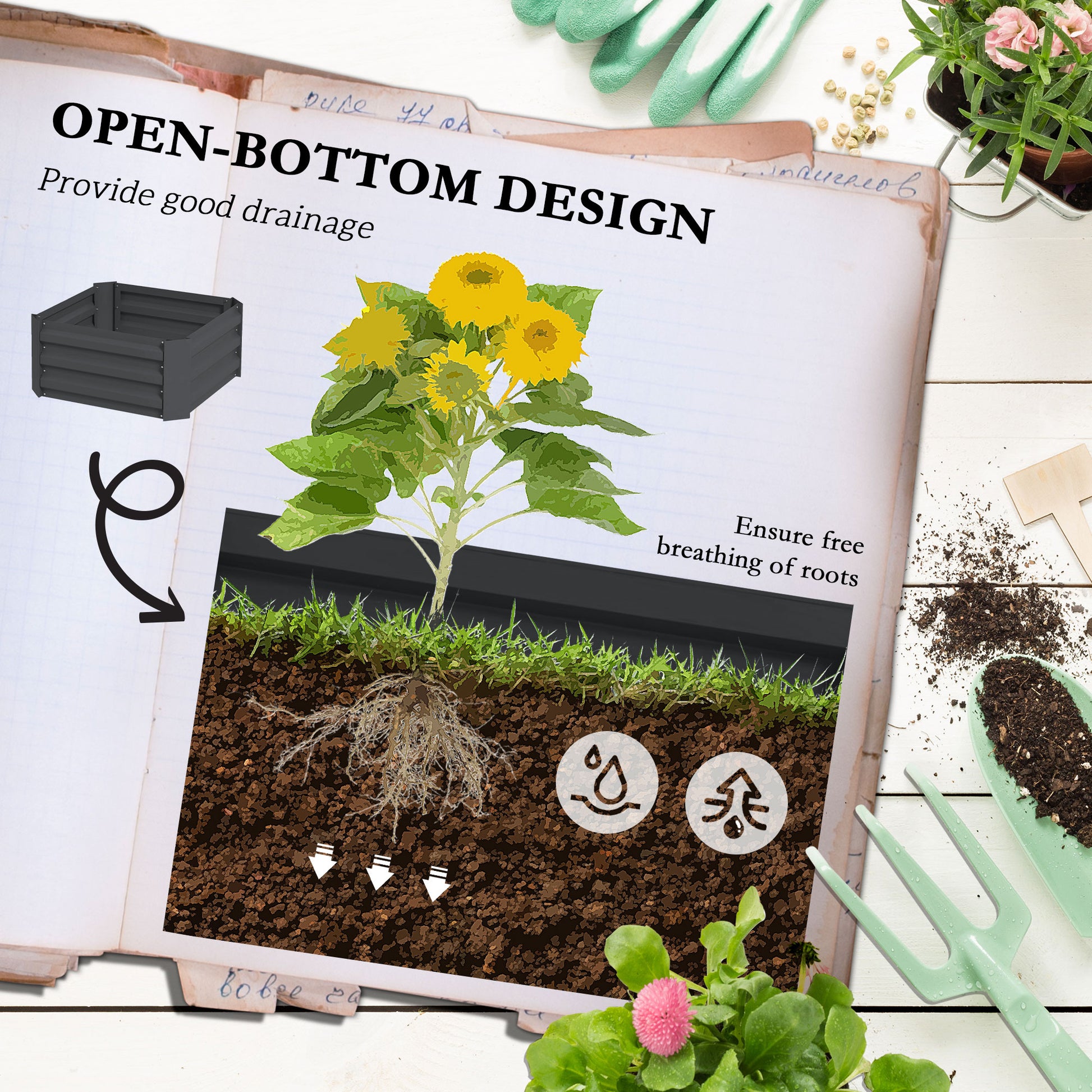 Galvanized Planter Box, Outdoor Raised Garden Bed with 4-Tier Trellis Tomato Cage for Climbing Vines, Vegetables, Grey