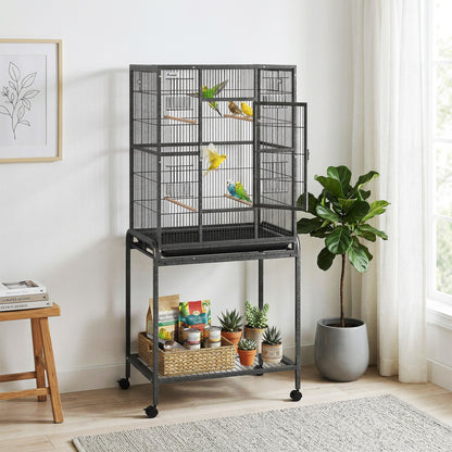 56"H Bird Cage, Parrot Cage w/ Detachable Rolling Stand, Removable Tray, Storage Shelf, Perches, Food Container