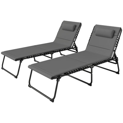 Folding Chaise Lounge Chair Set of 2, Reclining Outdoor Lounge Chair Set with Quick Drying Pad Headrest Side Pocket, Tanning Chair Set for Beach Garden Pool, Light Grey