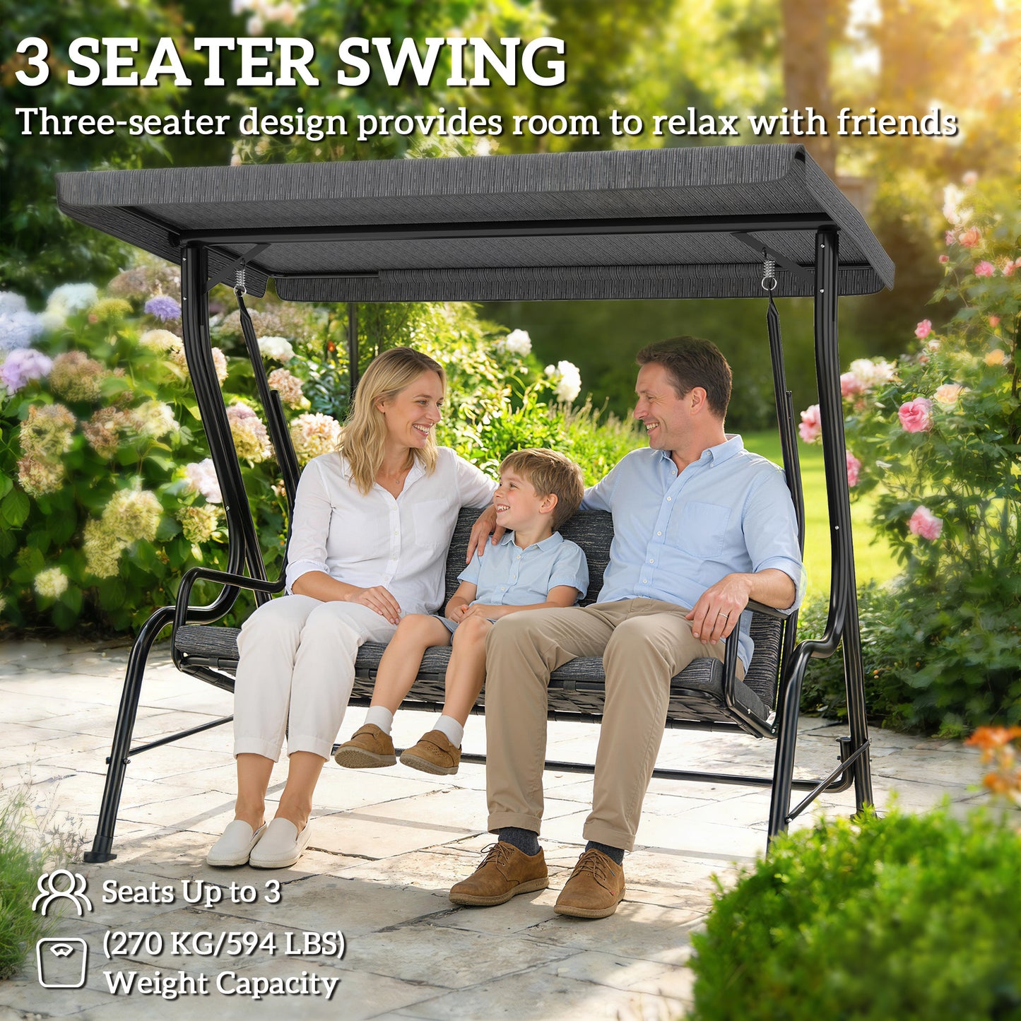 3-Person Porch Swing Chair, Patio Swing Bench with Adjustable Canopy, Removable Thicken Cushion and Weather Resistant Steel Frame for Outdoor, Garden, Poolside, Grey