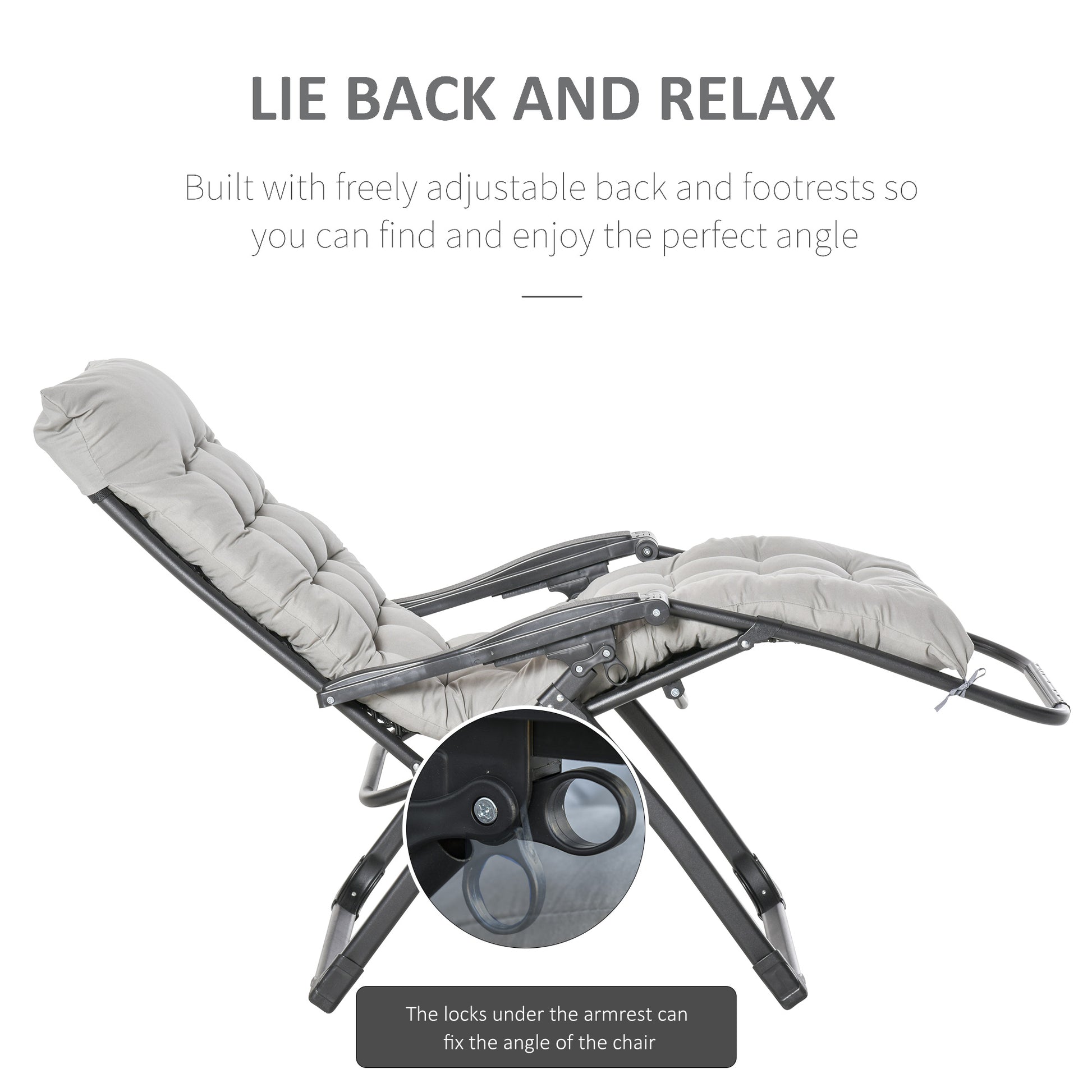 Reclining Zero Gravity Chair with Adjustable Backrest, Folding Garden Sun Lounger, Outdoor Recliner with Removable Cushion and Headrest, Light Grey