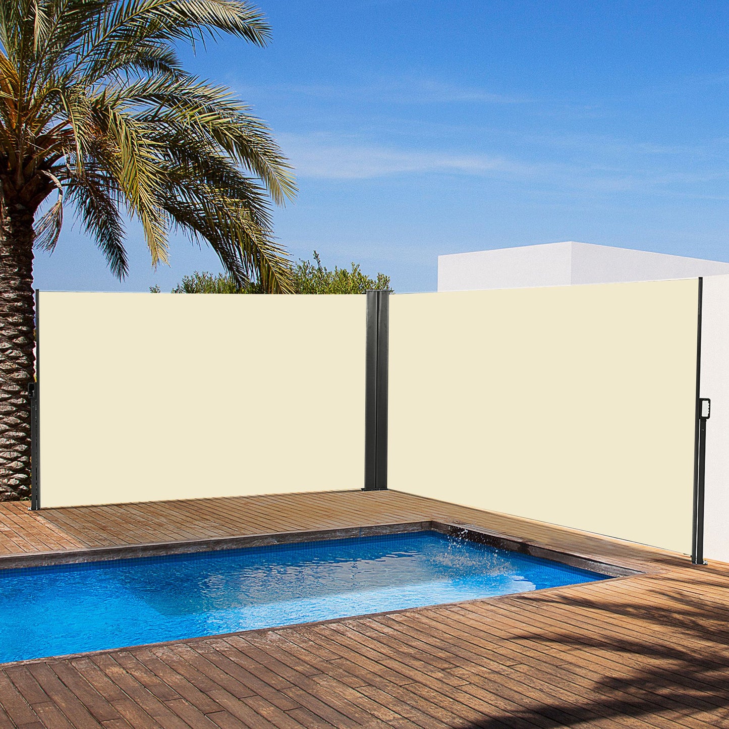 236" x 71" Outdoor Privacy Wall, Double Retractable Side Awning, Patio Screen for Garden, Balcony, Cream White