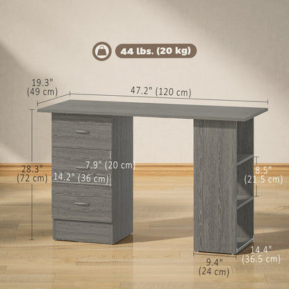 Computer Desk, 47" Writing Table with 3-Tier Shelves and 3 Reversible Drawers for Home Office, Bedroom, Grey