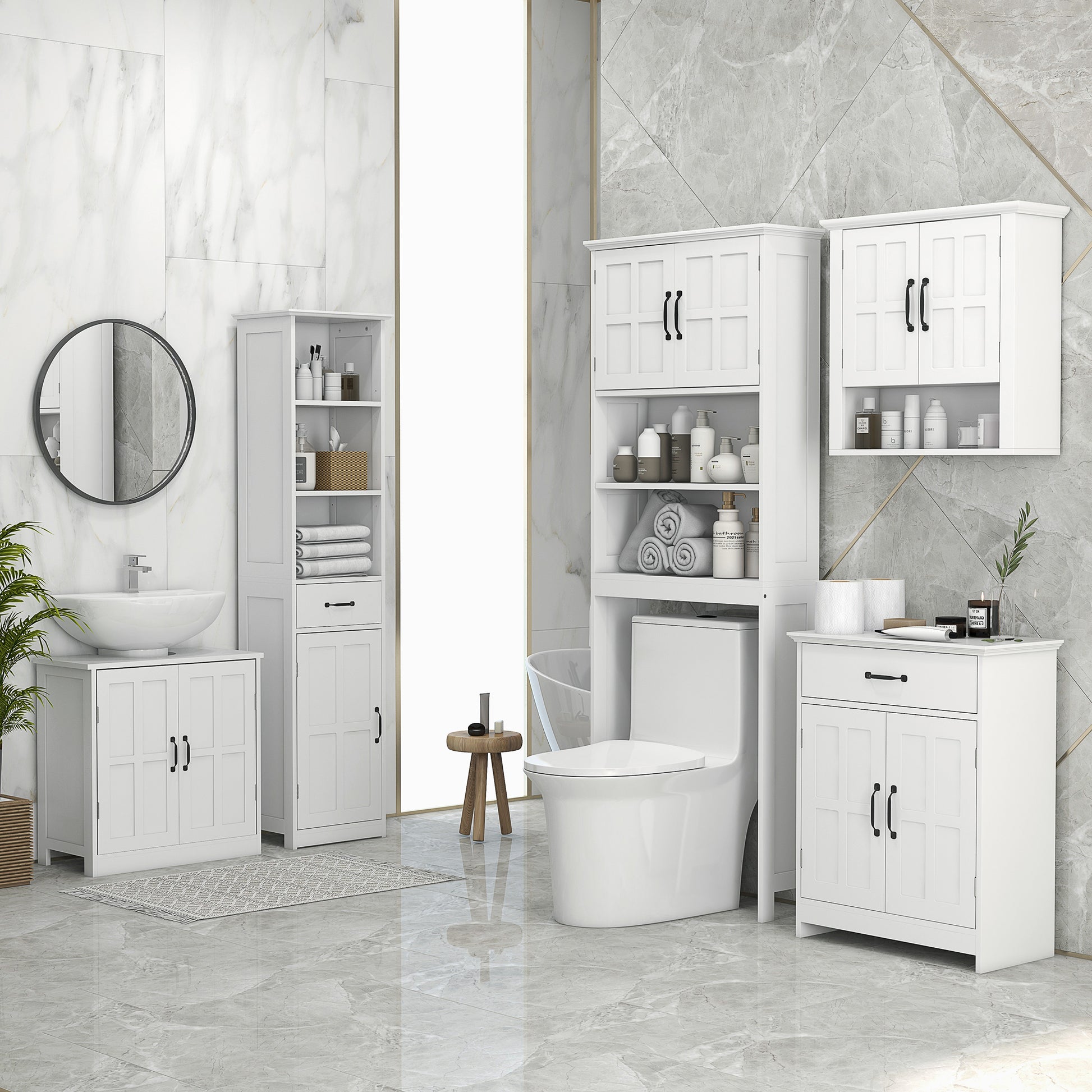 Modern Bathroom Cabinet, Narrow Bathroom Vanities with 3 Open Shelves, Drawer and Adjustable Shelf, White