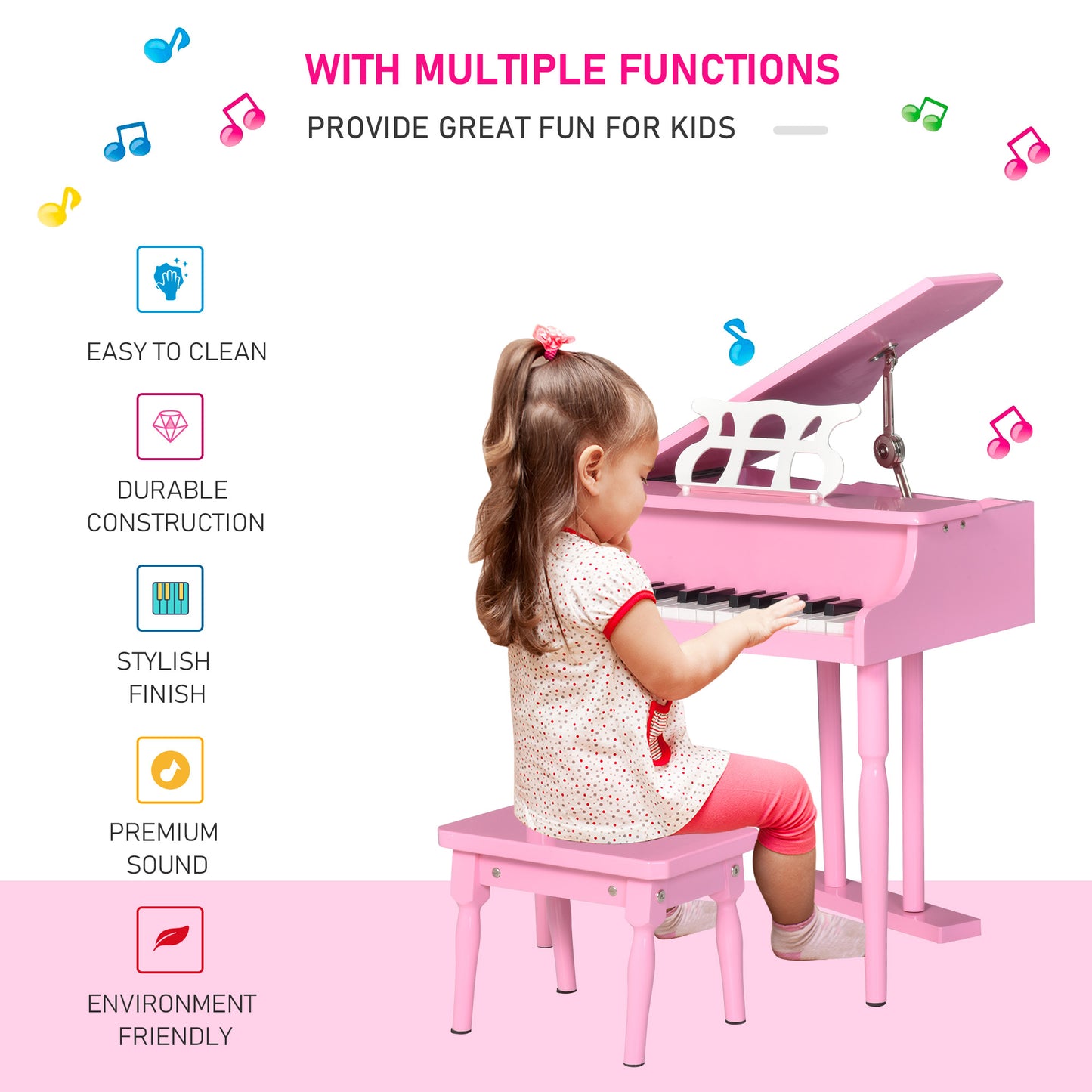 Modern Kids Piano, 30 Keys, Set of 2, Mini Toy for Child, Grand Piano with Music Stand and Bench, Ideal Gift, Pink