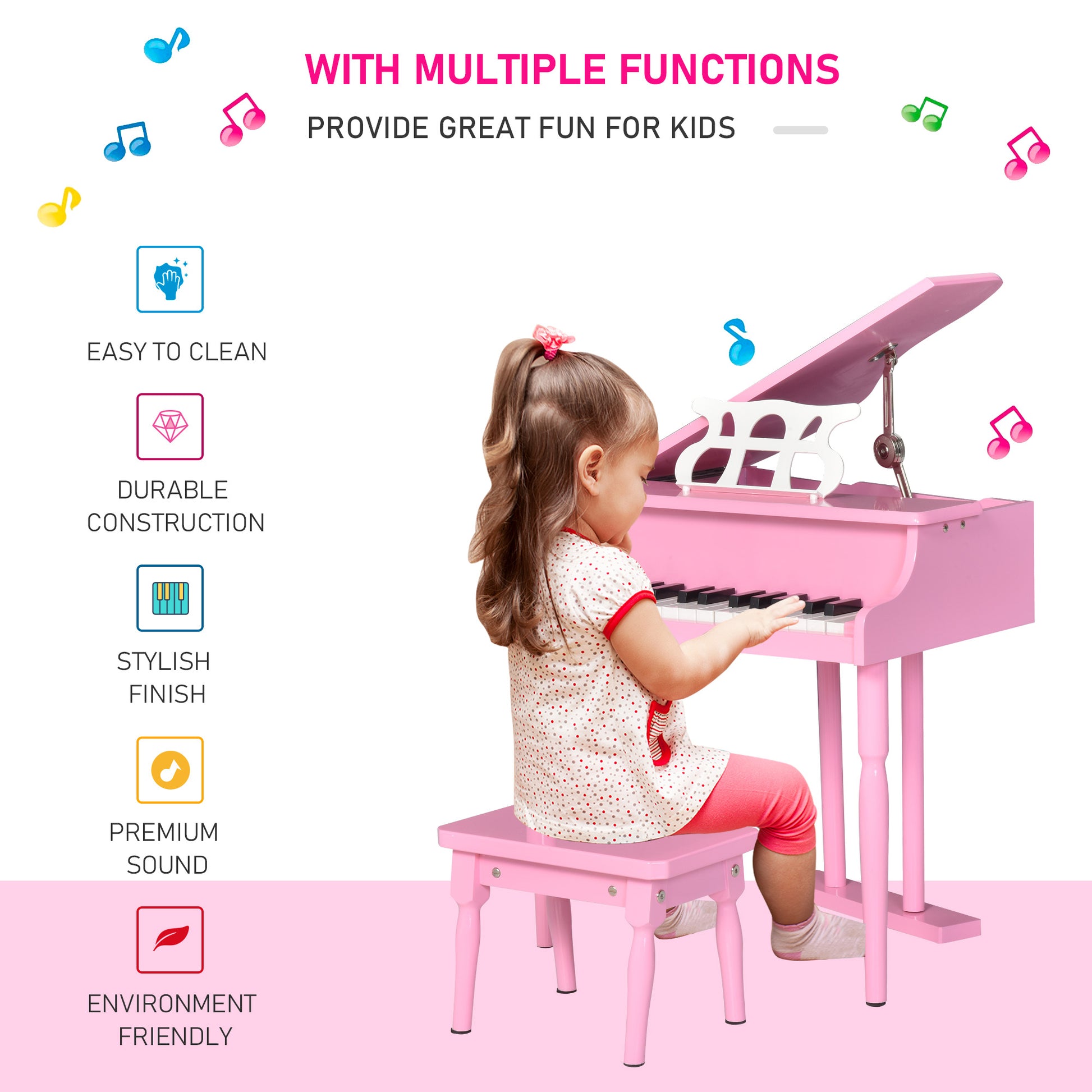Modern Kids Piano, 30 Keys, Set of 2, Mini Toy for Child, Grand Piano with Music Stand and Bench, Ideal Gift, Pink