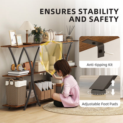 71" Console Table, 3-Tier Industrial Entryway Table with 2 Storage Shelves for Living Room, Hallway, Rustic Brown