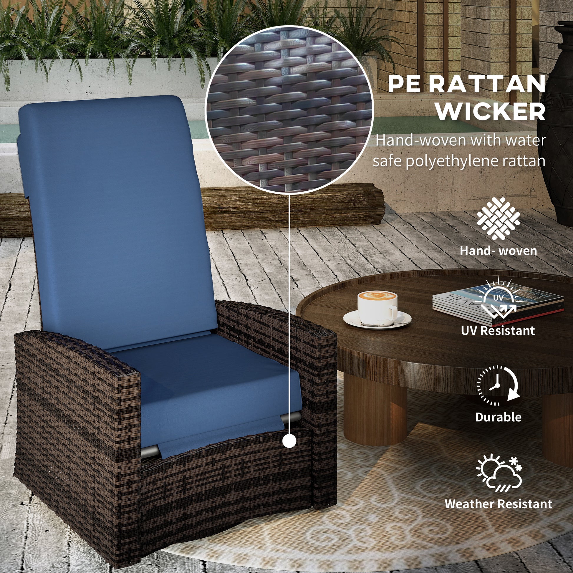 Outdoor Rattan Wicker Lounge Chair with Footrest & Soft Cushion for Patio, Garden, Backyard, Dark Blue