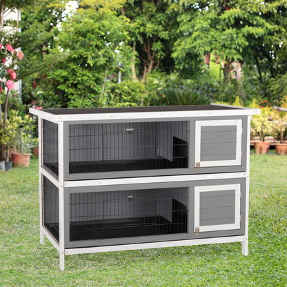 2 Tier Wooden Rabbit Hutch Bunny Pet House Wooden Coop Run, Grey
