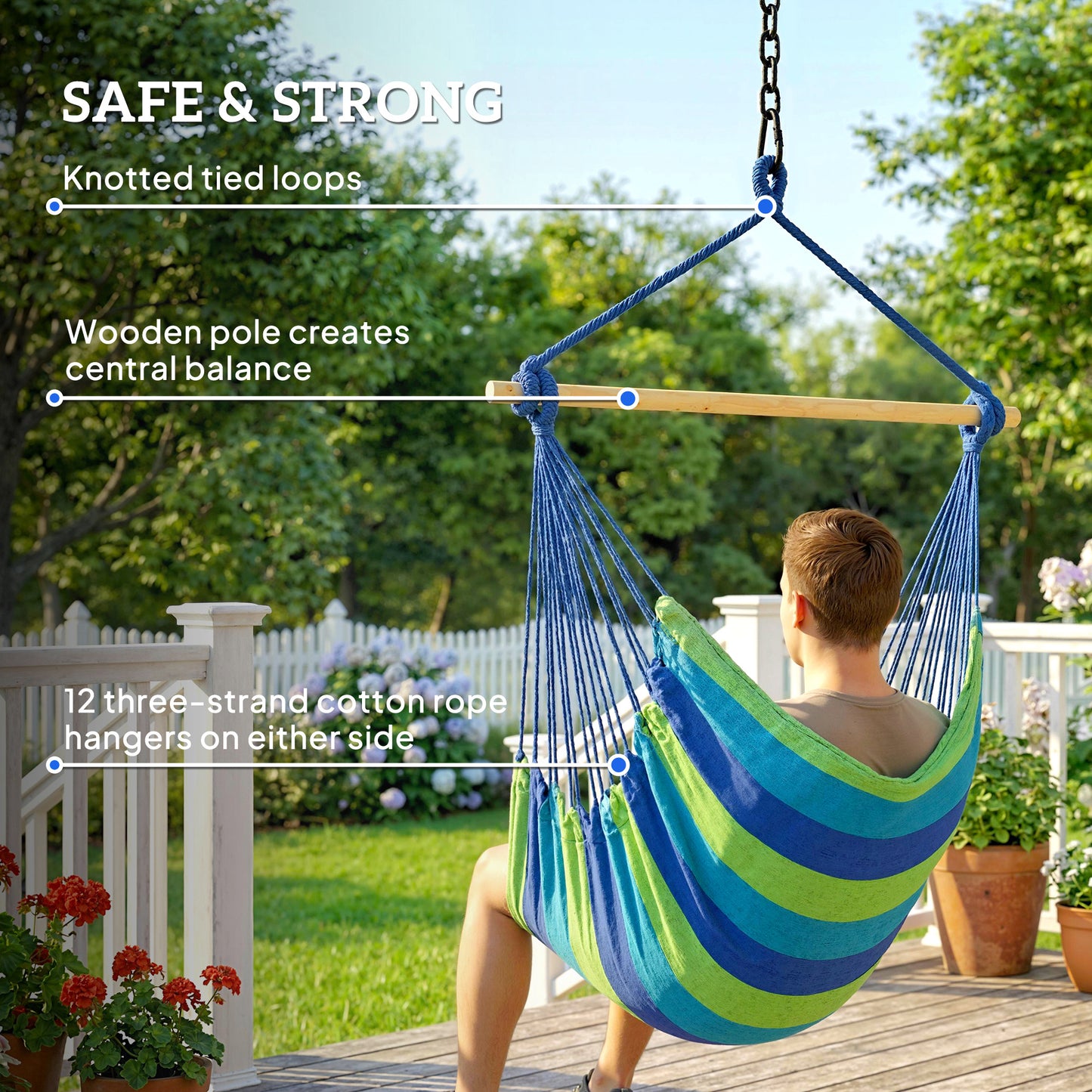 Hammock Chair Swing Hanging Macrame Chair w/ Two Soft Seat Cushions, Blue and Green