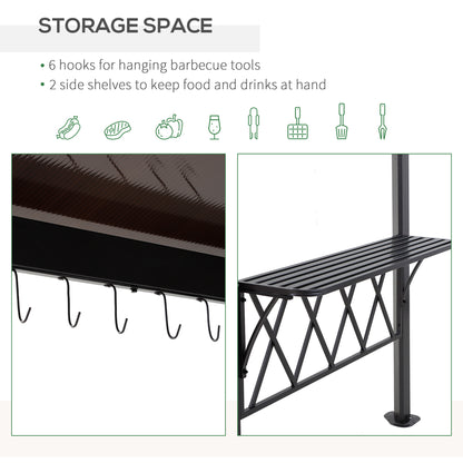 Outdoor Hardtop Grill Gazebo Cooking BBQ Canopy w/ 6 Hooks for Utensils and Double Vented PC Roof, Coffee