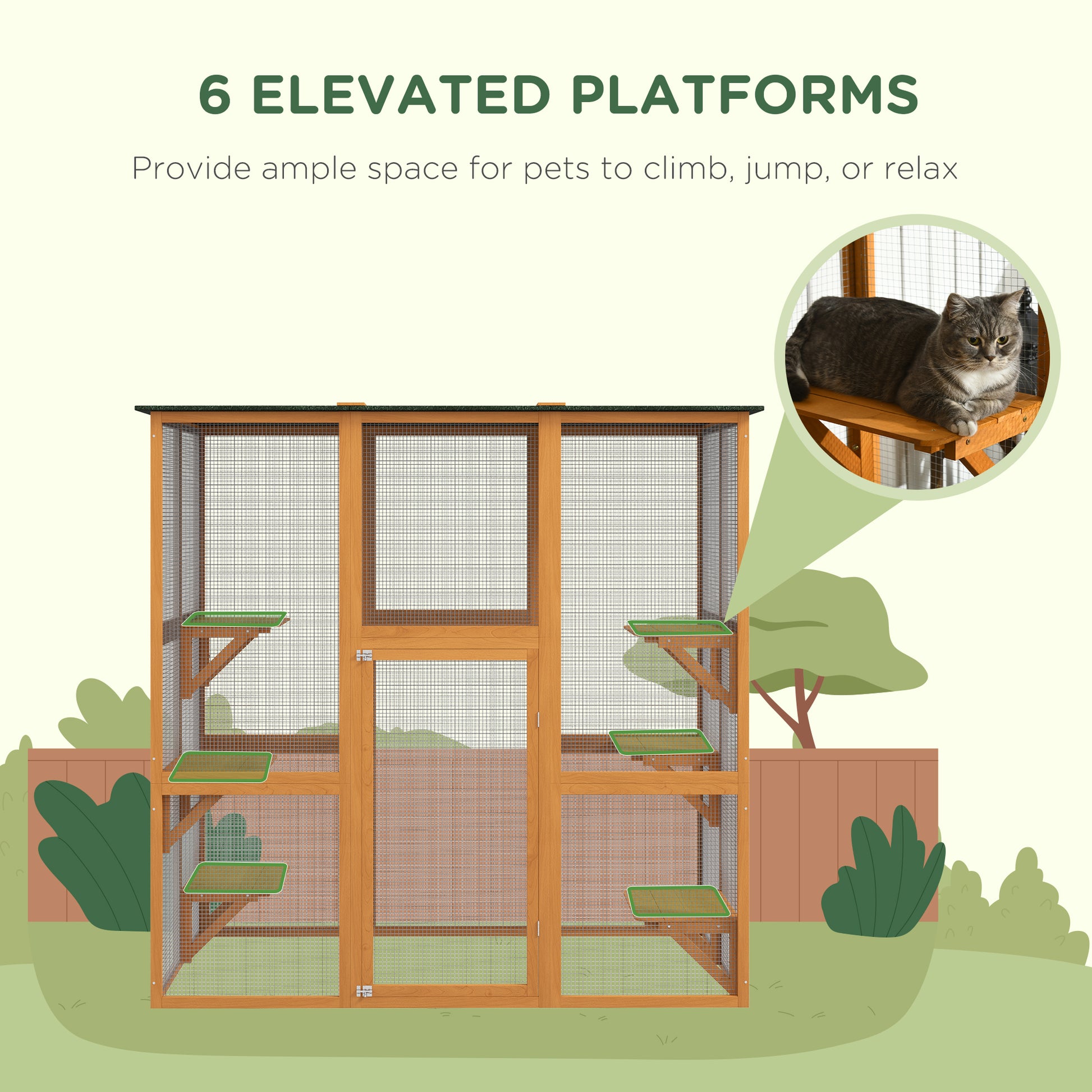 71" x 39" x 71" Cat Cage, Large Outdoor Wooden Cat Patio with 6 Balanced Platforms and Asphalt Roof, Orange