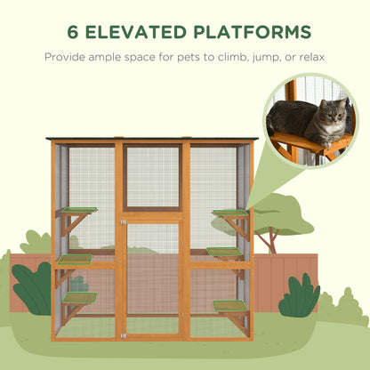71" x 39" x 71" Cat Cage, Large Outdoor Wooden Cat Patio with 6 Balanced Platforms and Asphalt Roof, Orange