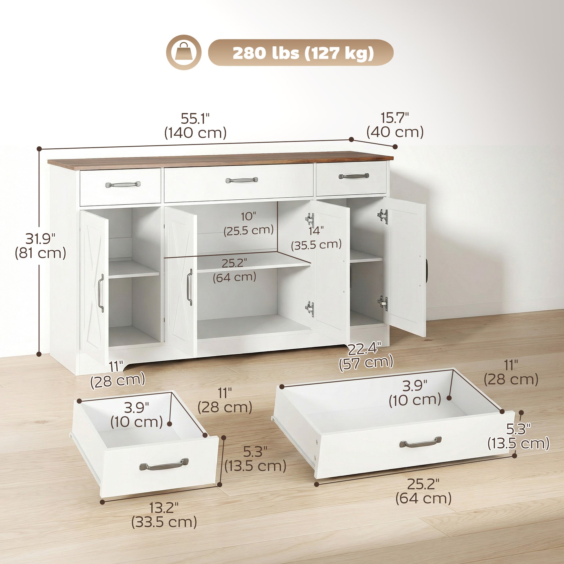 Sideboard Buffet Cabinet, 55" Farmhouse Kitchen Cabinet with 4 Barn Doors, 3 Drawers, 3 Adjustable Shelves, White