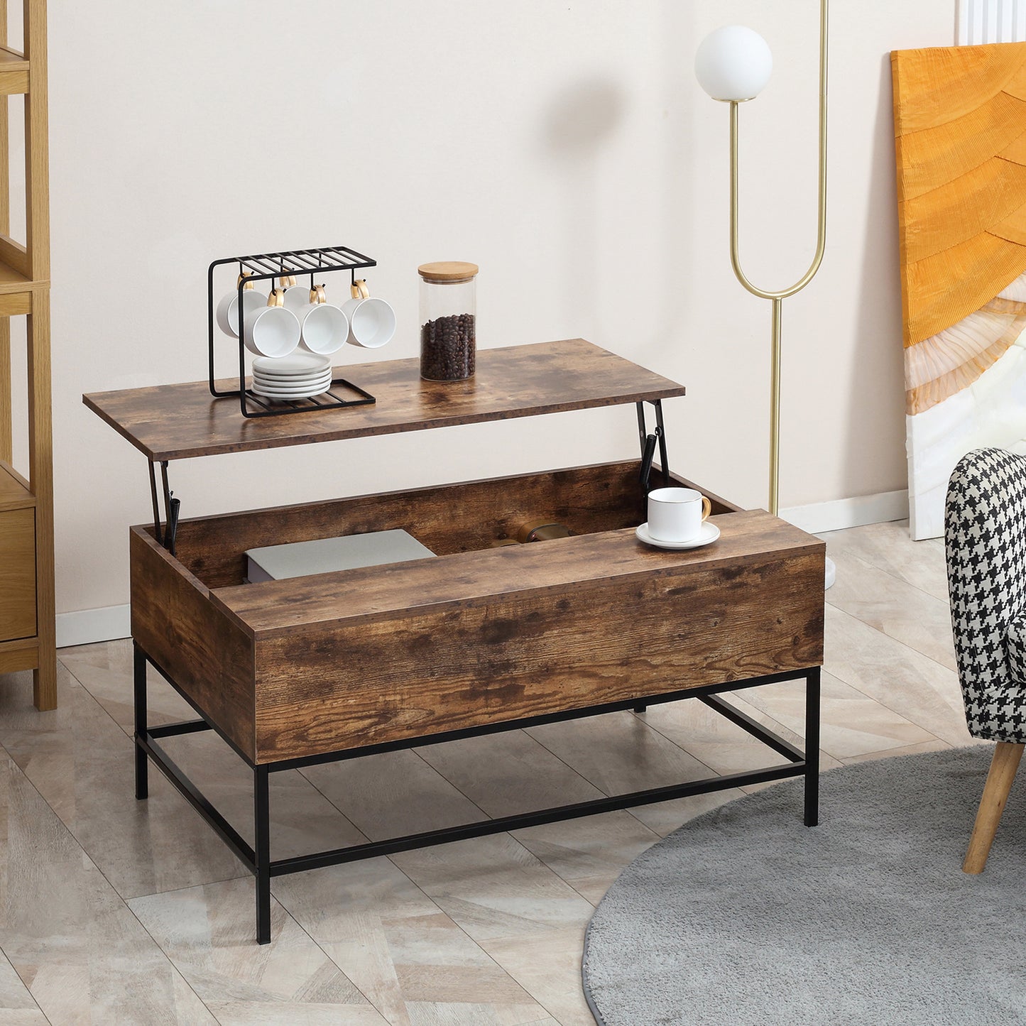 Lift Top Coffee Table with Hidden Storage Compartment Lift Tabletop Center Table for Living Room, Rustic Brown