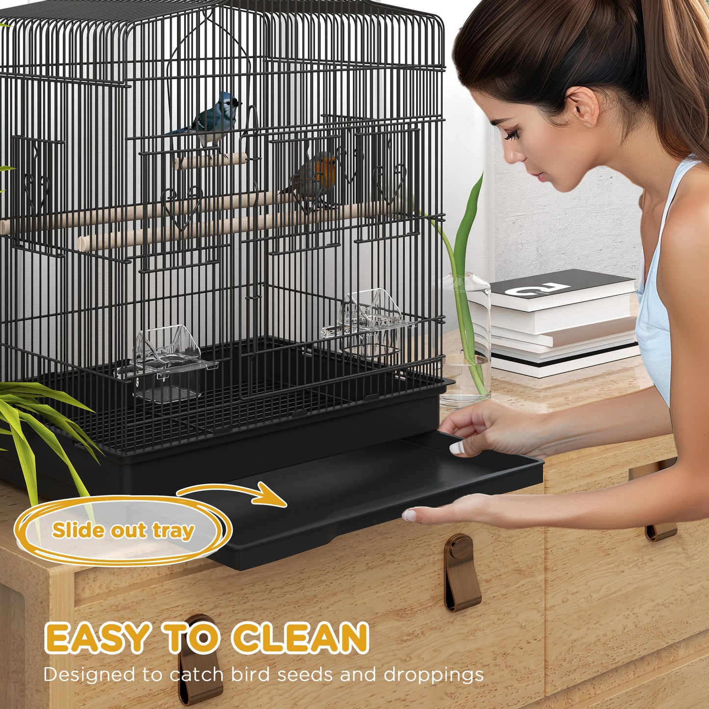 23" Bird Cage, Finches Canaries, Parrot Cage with Doors Perches, 2 Feeder Pet Supplies, Black