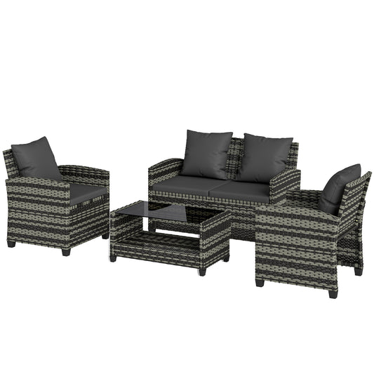 4-Piece Outdoor Wicker Patio Furniture Conversation Set, Includes Loveseat, Chairs and 2-Tier Table with Cushions, Modern Rattan Sofa Set for Backyard, Dark Grey