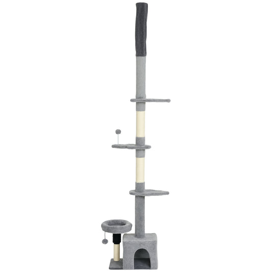 Floor to Ceiling Cat Tree, 4 Tiers Tall Kitty Climbing Tower with Scratching Post, Adjustable Height 87-100"