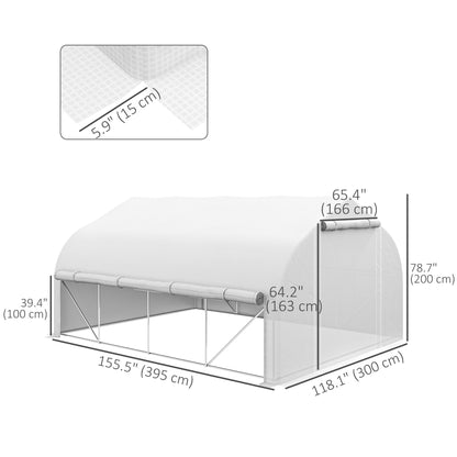 13 x 9.8ft Walk-in Polytunnel Greenhouse, Zipped Roll Up Sidewalls, Mesh Door, 8 Mesh Windows, Plant Labels and Gloves, Wind Resistance, White