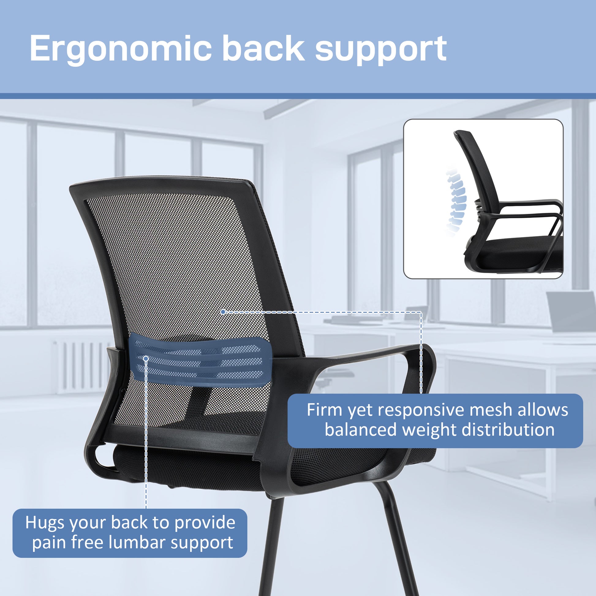 Ergonomic Desk Chair No Wheels, Padded Mesh Office Reception Chair with Sled Base, Black