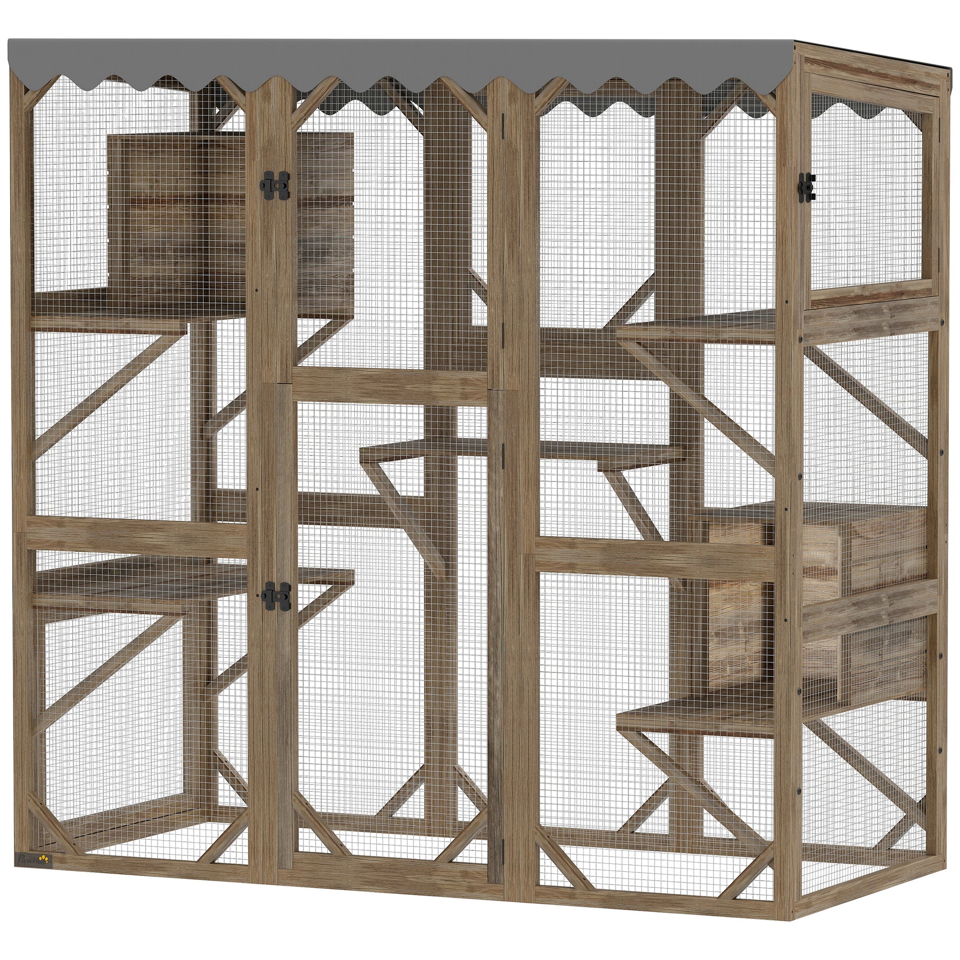 Wooden Catio Outdoor with Window Access, Waterproof Cover, Relaxing Condo, 5 Platforms, Doors, 59" x 28" x 59", Brown
