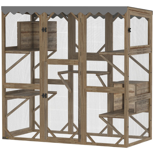 Wooden Catio Outdoor with Window Access, Waterproof Cover, Relaxing Condo, 5 Platforms, Doors, 59" x 28" x 59", Brown