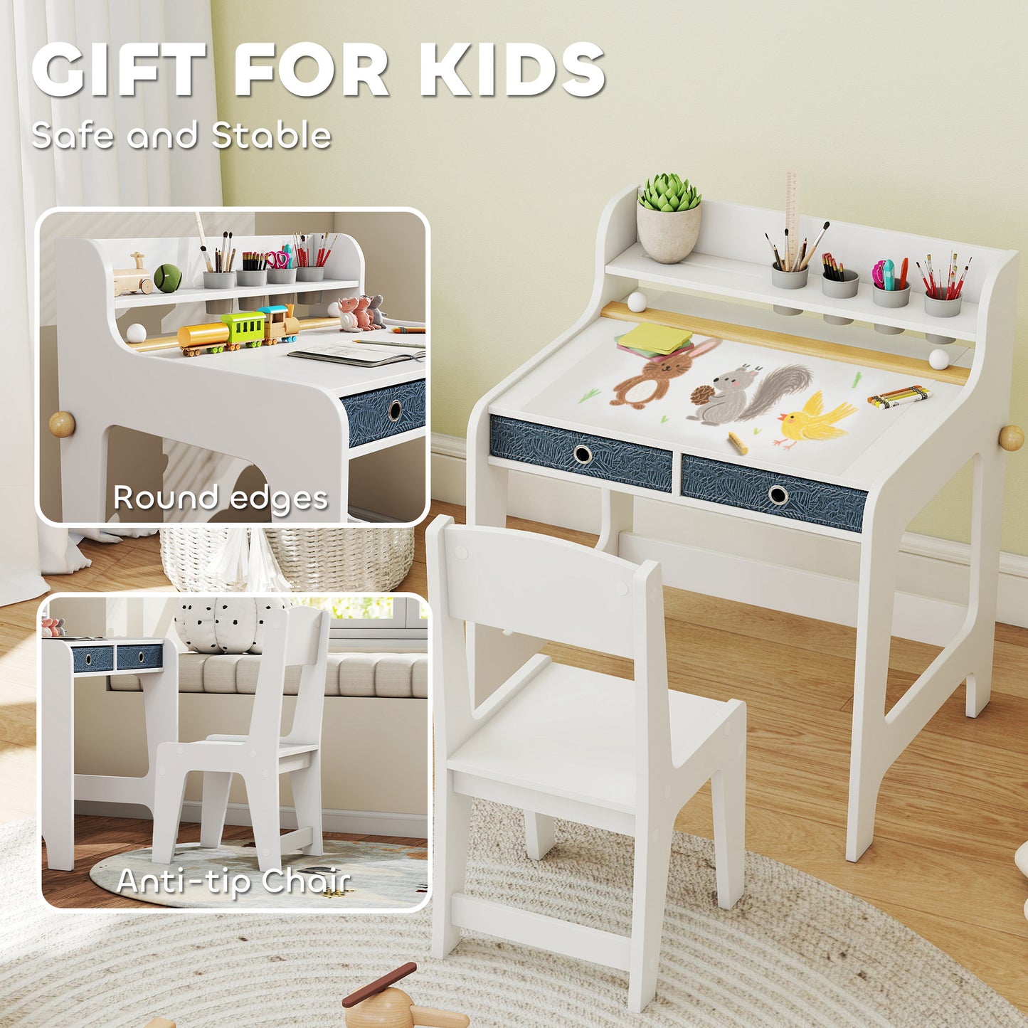 Qaba Kids Study Table and Chair Set, Art Desk and Chair Set with Storage Shelf and Drawers for 3-8 Year Old