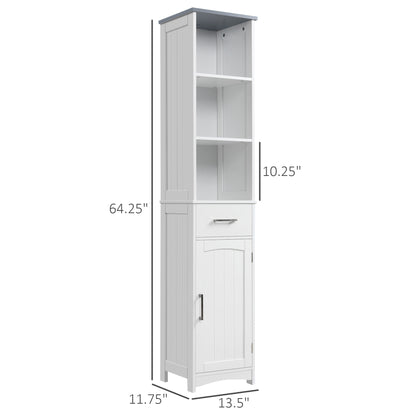 Tall Bathroom Storage Cabinet, Slim Bathroom Cabinet with 3 Tier Shelf, Drawer, Door, Freestanding Linen Tower, White