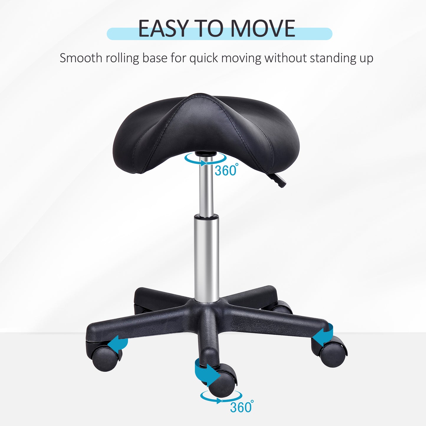 Saddle Stool, PU Leather Rolling Stool with Wheels, Adjustable Salon Chair for Kitchen, Salon Spa, Bar, Home Office, Massage, Black