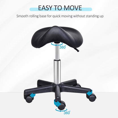Saddle Stool, PU Leather Rolling Stool with Wheels, Adjustable Salon Chair for Kitchen, Salon Spa, Bar, Home Office, Massage, Black