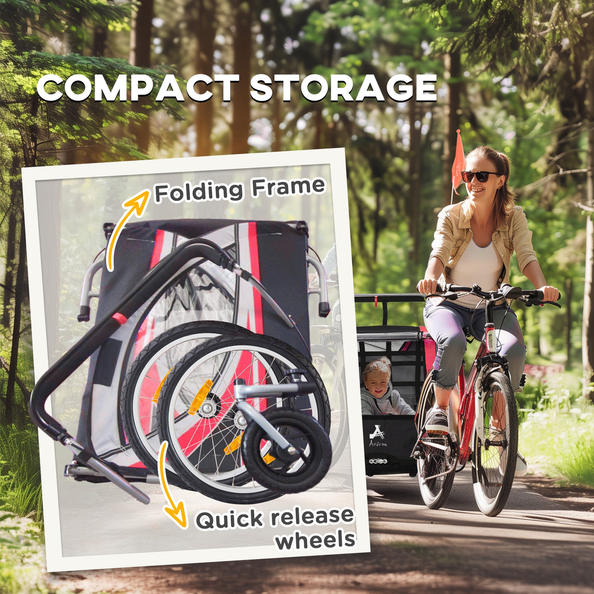 Aosom 2 Seat Bike Trailer for Kids 2-in-1 Double Baby Stroller with Handbrake, Rubber Wheels, 5 Point Harness, Waterproof Cover, Storage Bag, Reflectors, Red