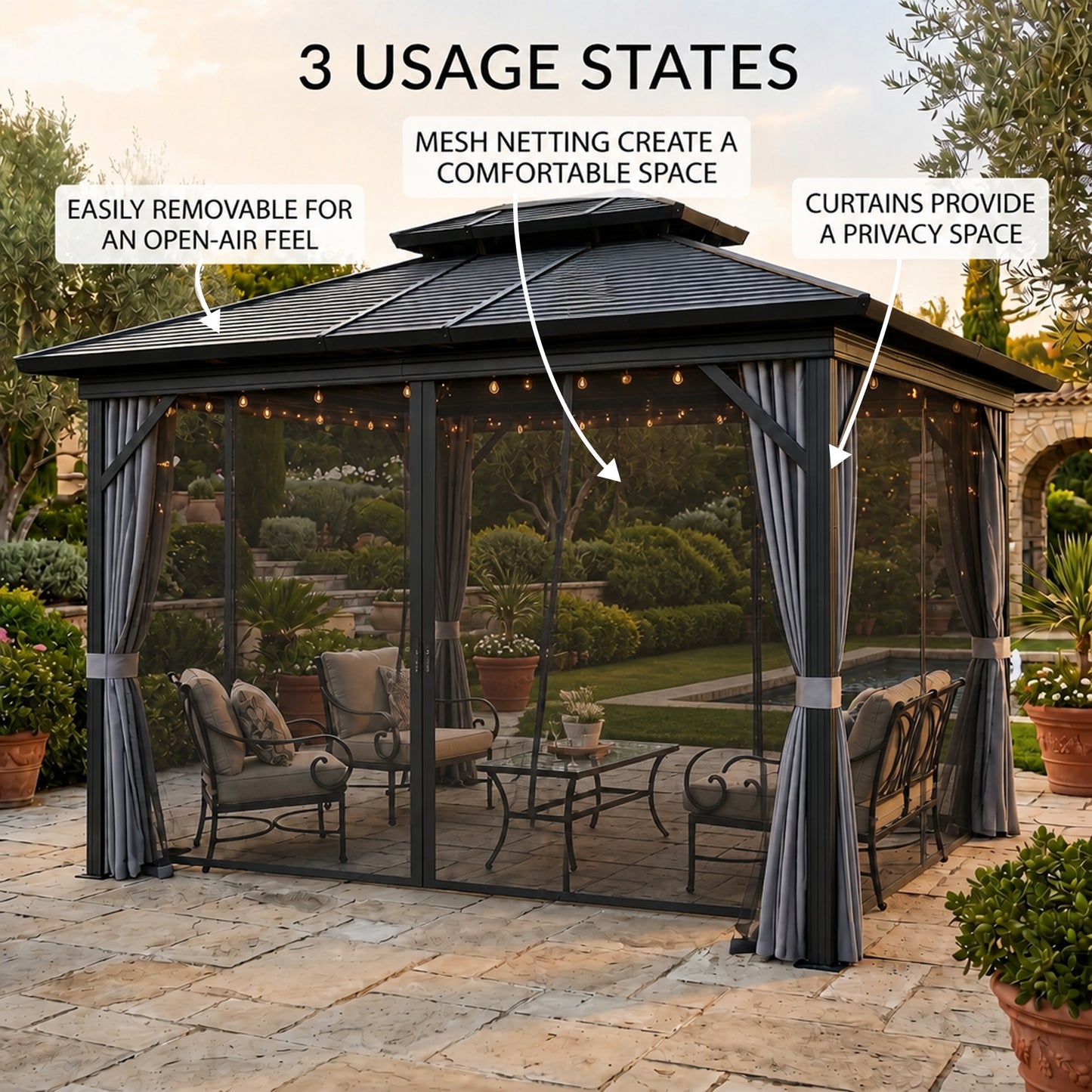 10' x 12' Hardtop Gazebo, Sun Shelter with Double Tier Metal Roof, Mosquito Netting, and Hanging Hook, Light Grey