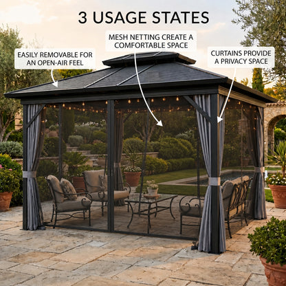 10' x 12' Hardtop Gazebo, Sun Shelter with Double Tier Metal Roof, Mosquito Netting, and Hanging Hook, Light Grey