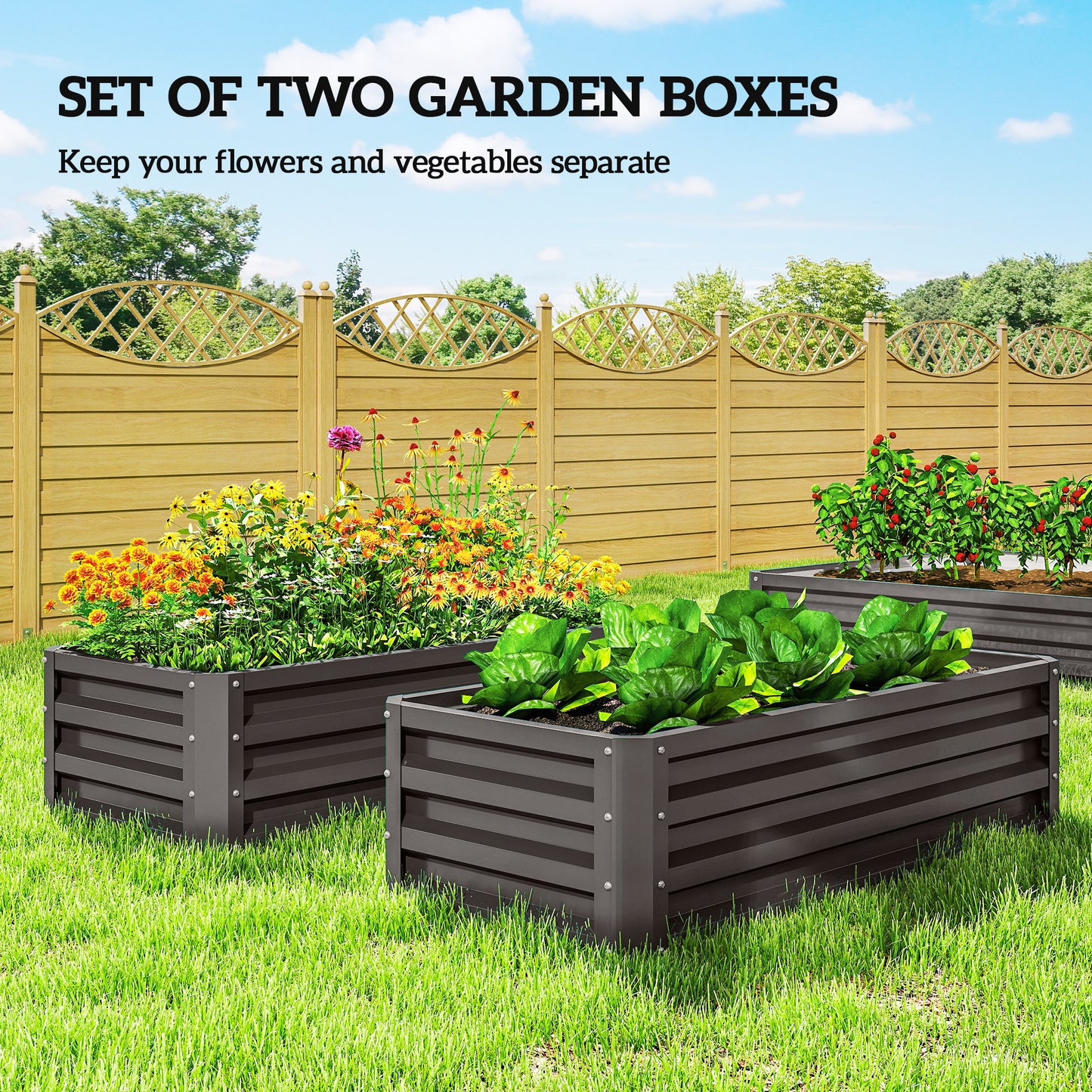 Galvanized Raised Garden Beds, Outdoor Planter Box, Set of 2, for Flowers, Herbs and Vegetables, Dark Grey