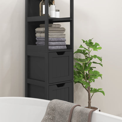 Narrow Bathroom Cabinet with 3 Drawers and 2 Tier Shelf, Tall Cupboard Freestanding Linen Tower, Black