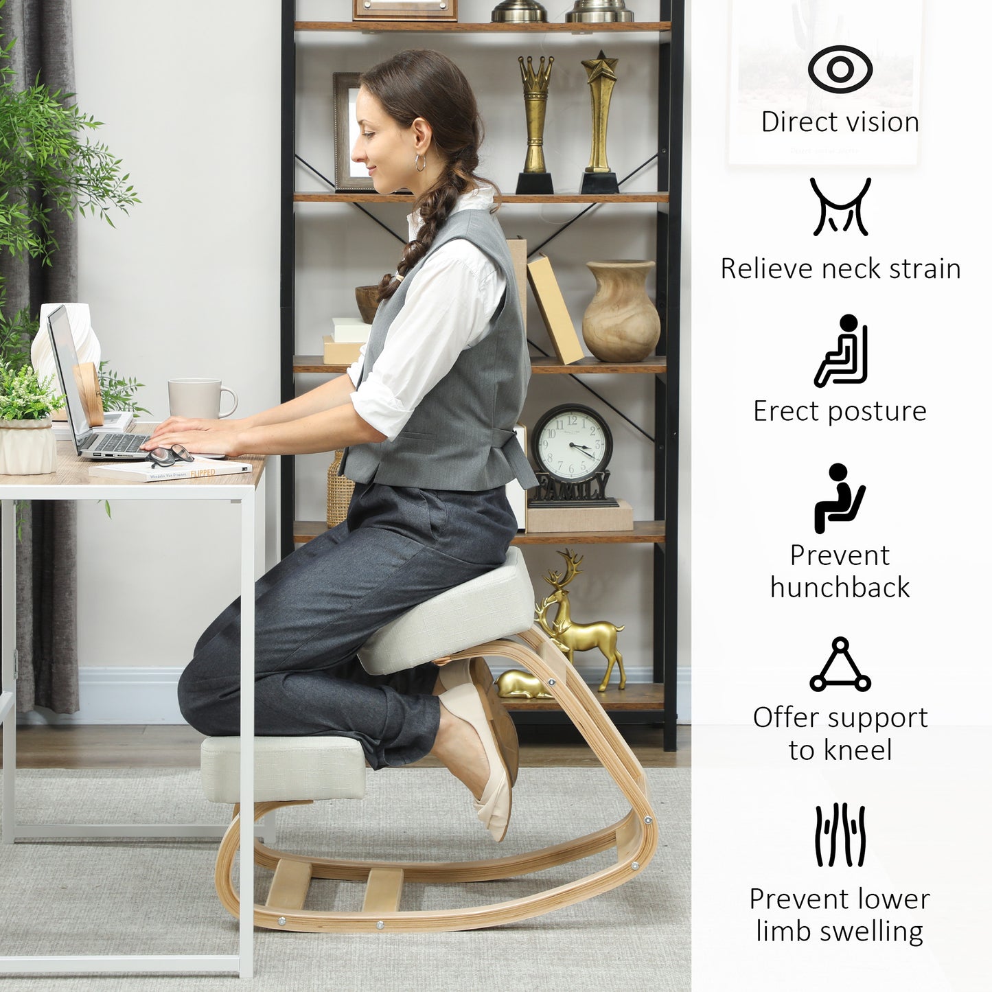 Ergonomic Kneeling Chair, Wood Kneel Stool with Thick Pads, Desk Knee Chair, Improve Posture, Cream White