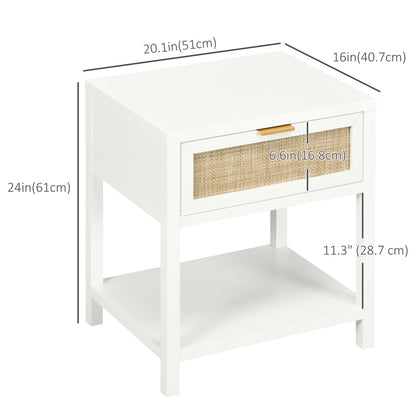 Boho Nightstand, Bedside Table with Rattan Drawer and Open Shelf, Side End Table for Bedroom, Living Room