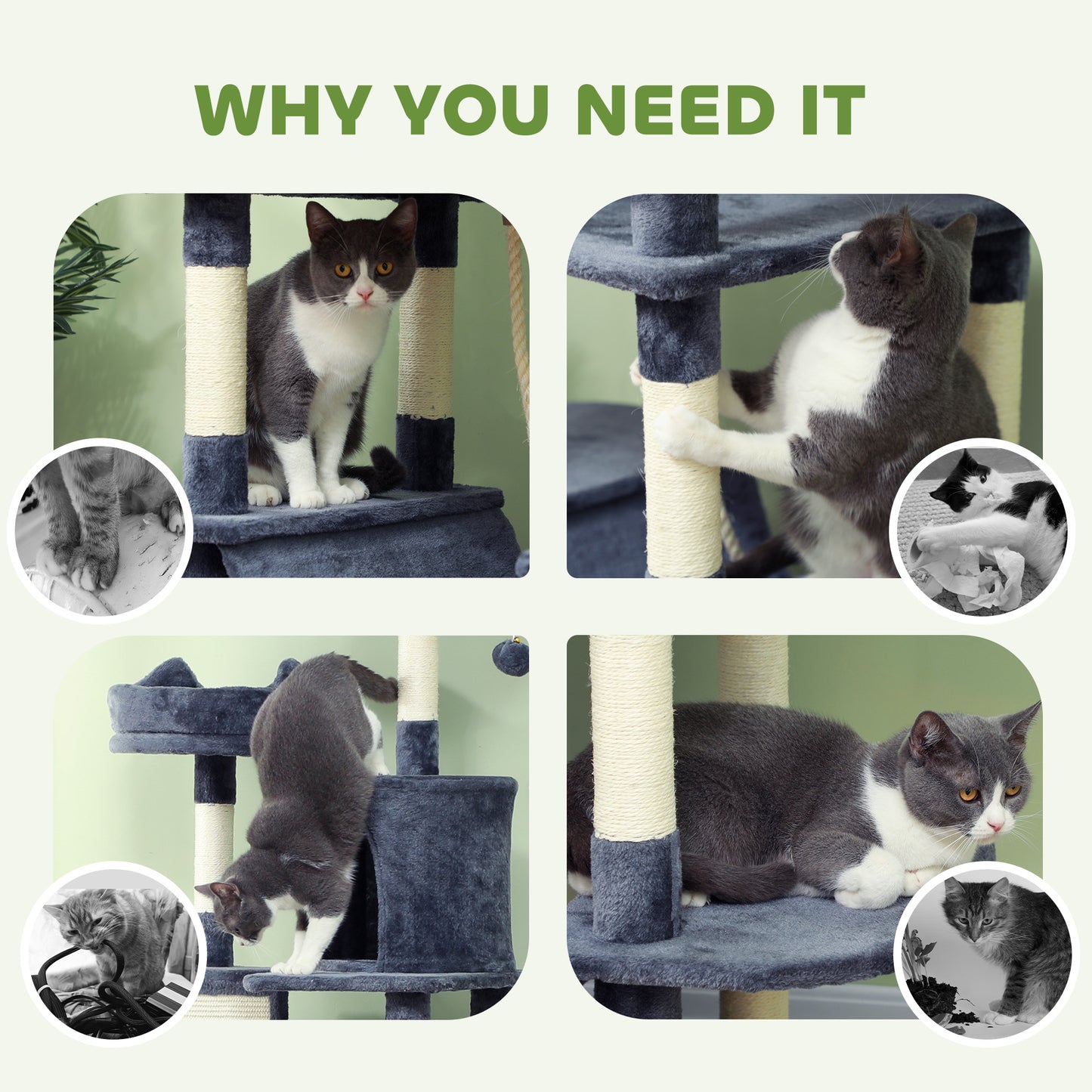 81" Large Cat Tree w/ Scratching Posts, Condos, Beds, Hammocks, Jumping Platforms, Toy Balls, Rope Cat Toy, Dark Grey