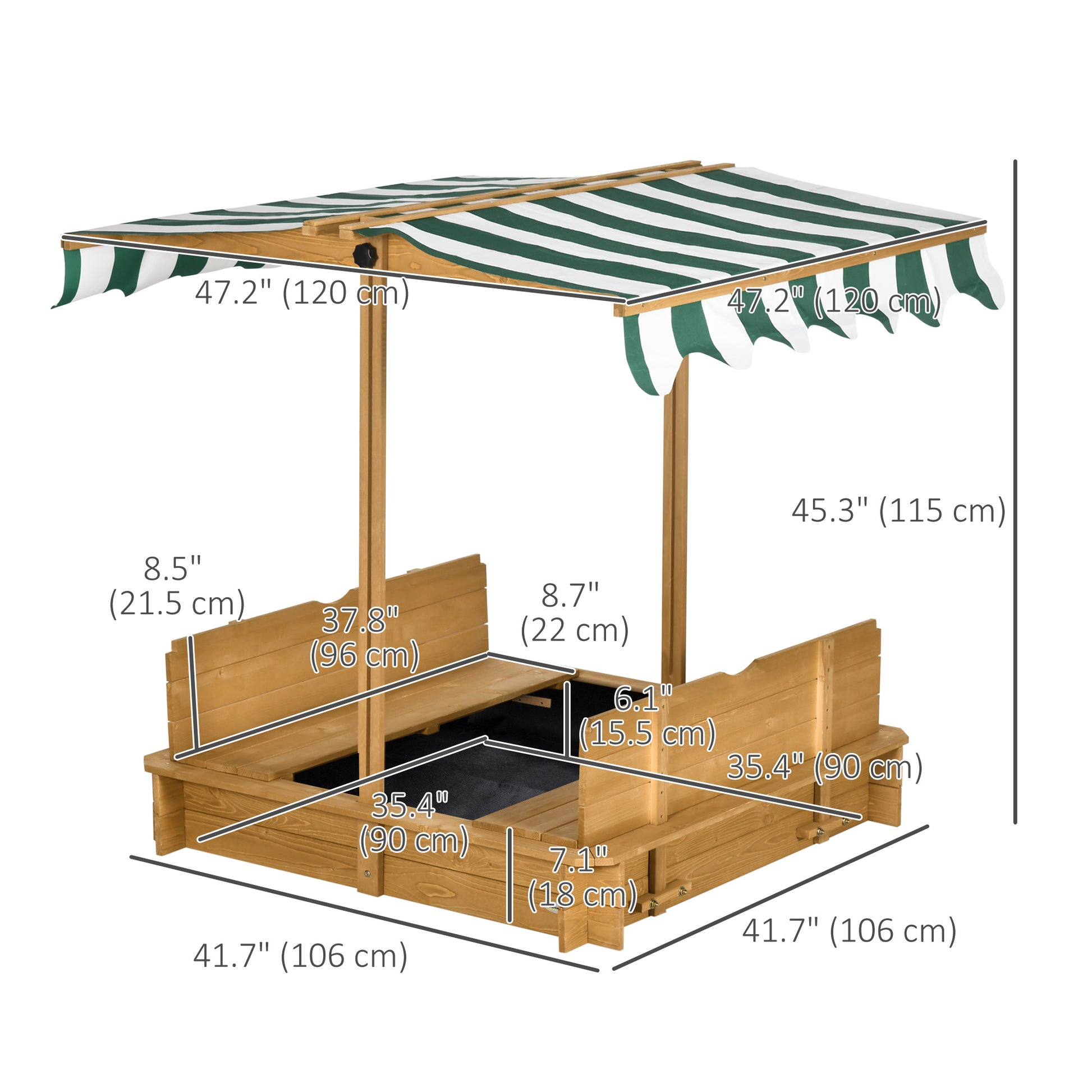Wooden Kids Sandbox with Cover, Sand Play Station with Foldable Bench Seats and Adjustable Canopy, Light Brown