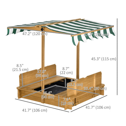Wooden Kids Sandbox with Cover, Sand Play Station with Foldable Bench Seats and Adjustable Canopy, Light Brown