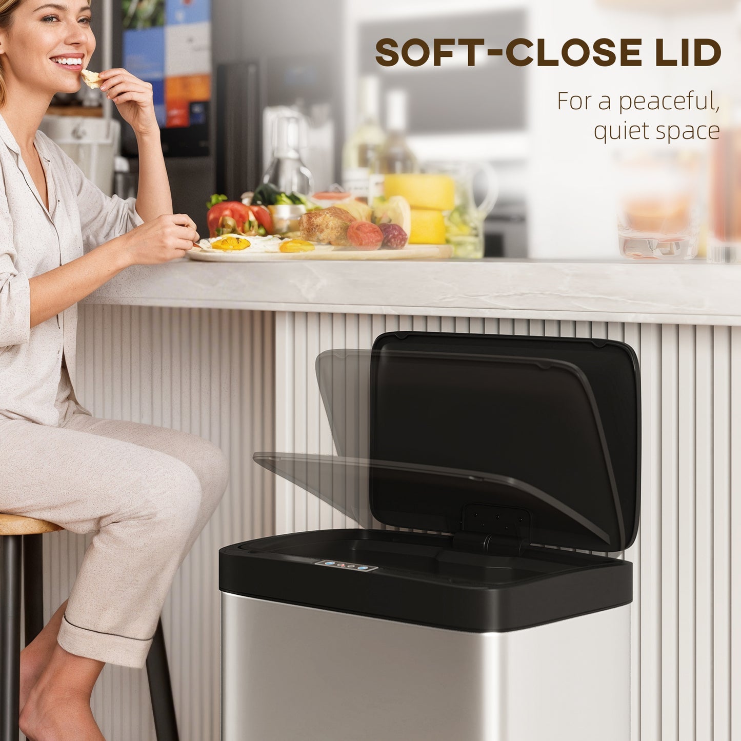 12 Gallon Sensor Can, Automatic Garbage Can with Soft-Close Lid, Fingerprint-Proof Stainless Steel, Silver