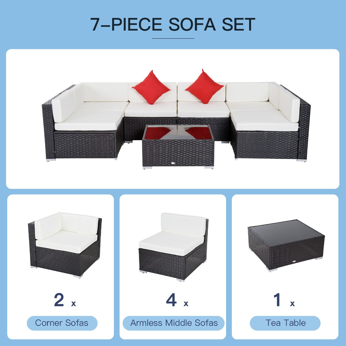 7Pcs Outdoor Rattan Wicker Sofa Patio Sectional Furniture Set w/ Coffee Table Cushioned Seat Garden w/ Cushion