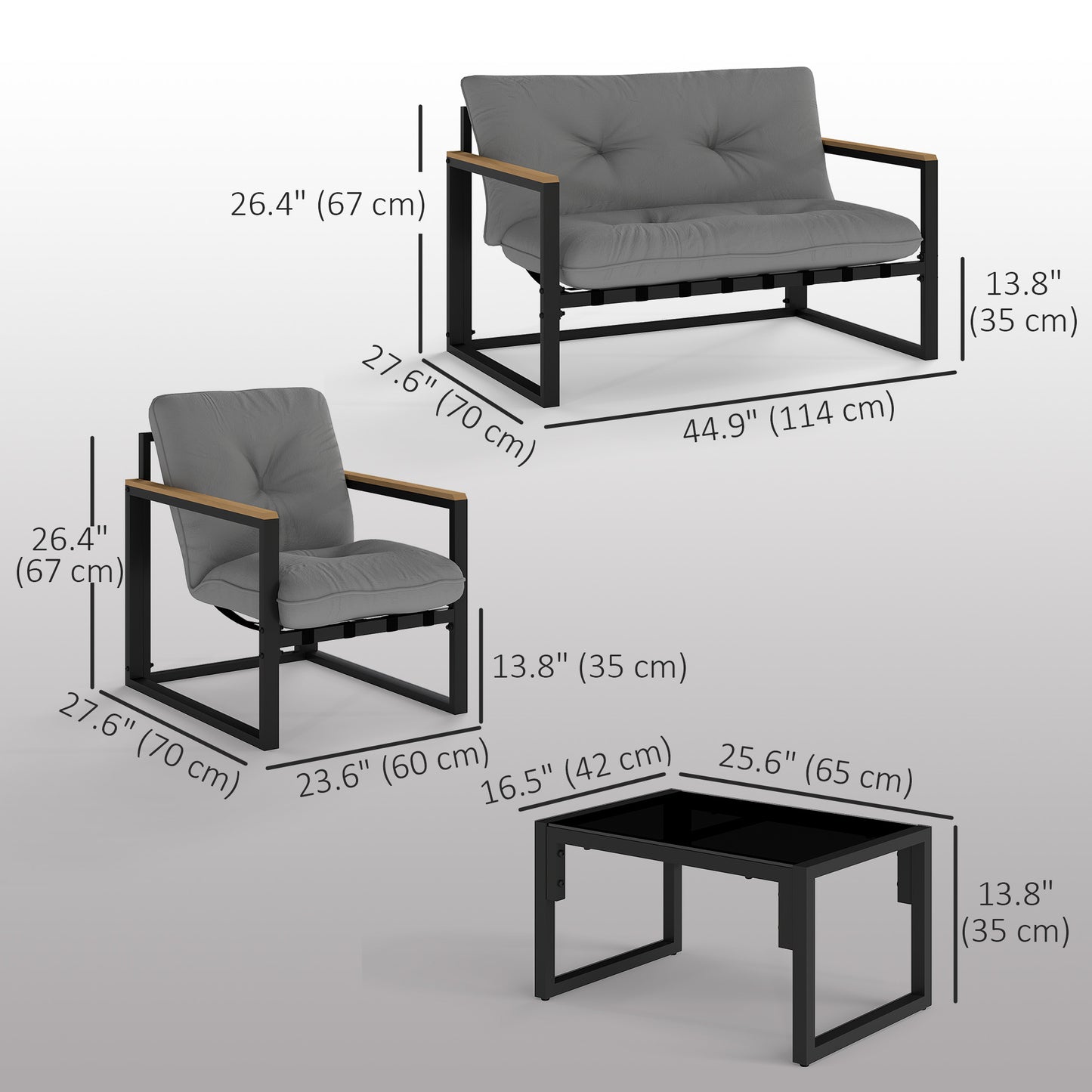 4 Piece Patio Furniture Set, Outdoor Loveseat Sofa Set with Thick Cushions and Coffee Table, Light Grey