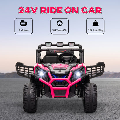 Qaba 2 Seater 24V Electric Car for Kids w/ Remote Control, 3 Speed, LED Lights, Music, Horn, Spring Suspension, Pink